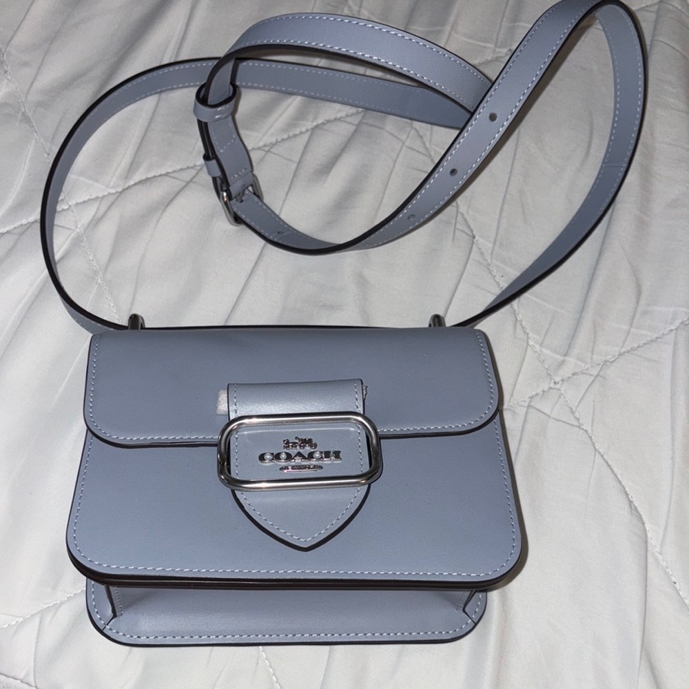 Coach Blue-Gray Crossbody Bag with Adjustable Strap and Silver Clasp